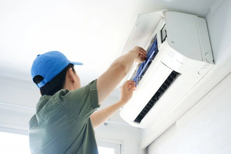 Indoor HVAC unit with panels open for service